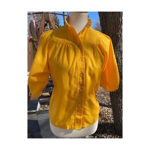Vintage | 70s Saffron Slubbed Blouse Balloon Sleeve Mock Collar Sz 5 S/M